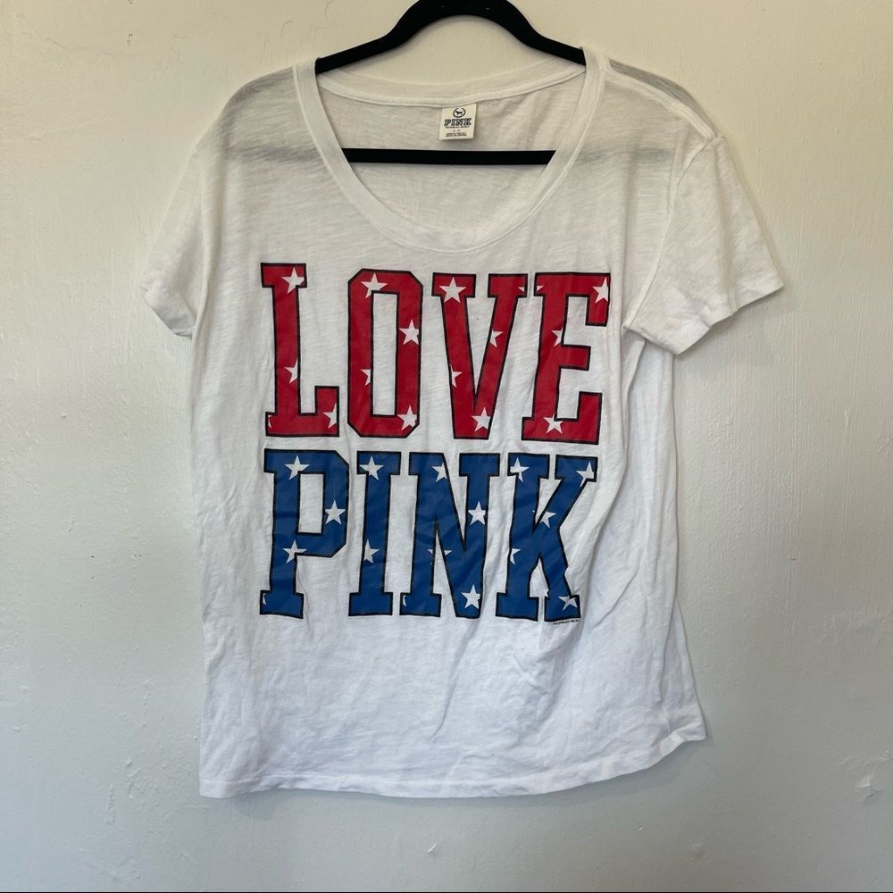 PINK Victoria’s Secret Patriotic Love Pink Scoop Neck Short Sleeve USA Tee Shirt